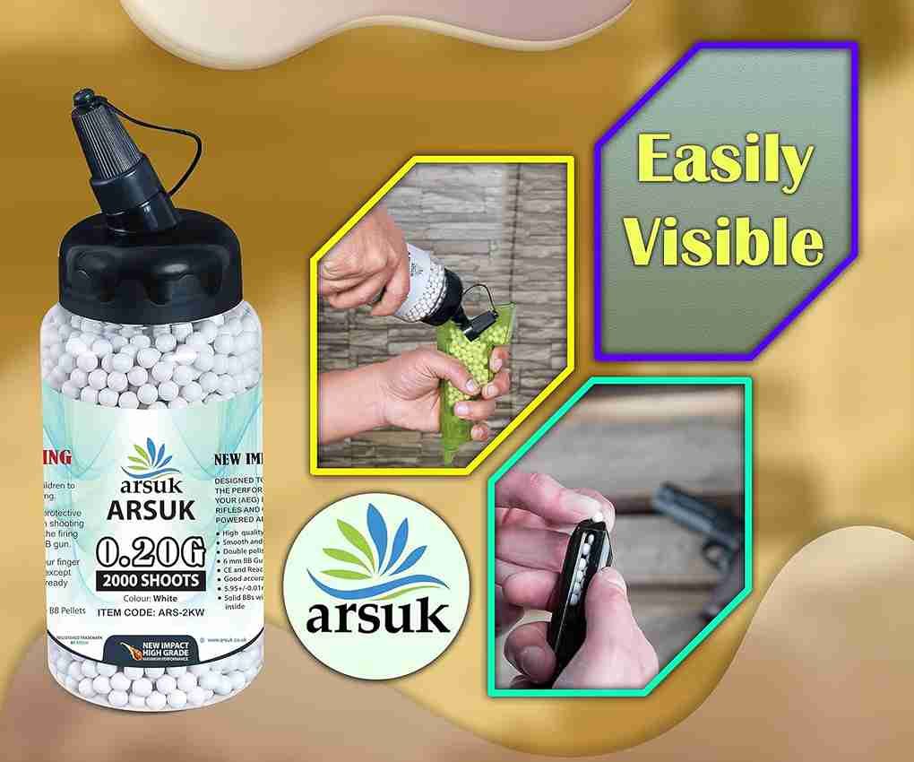 ARSUK Airsoft BB Pellets High Grade and Smooth Polished Plastic Paintballs Content (0.20g 2000 Pellets White)