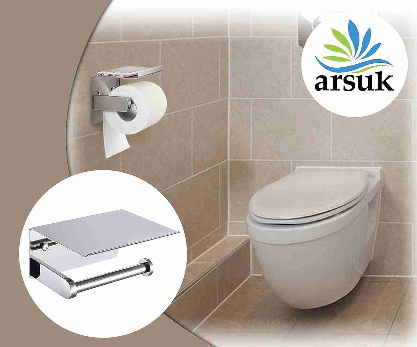 ARSUK Toilet Roll Holder Wall Mounted -Toilet Tissue Holder Self Adhesive with Shelf (Chrome)