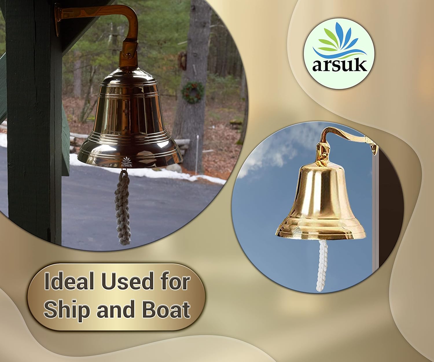 ARSUK 5” Brass Hanging Ship Bell - Wall Mounted, Durable Rope, Home & Boat Use