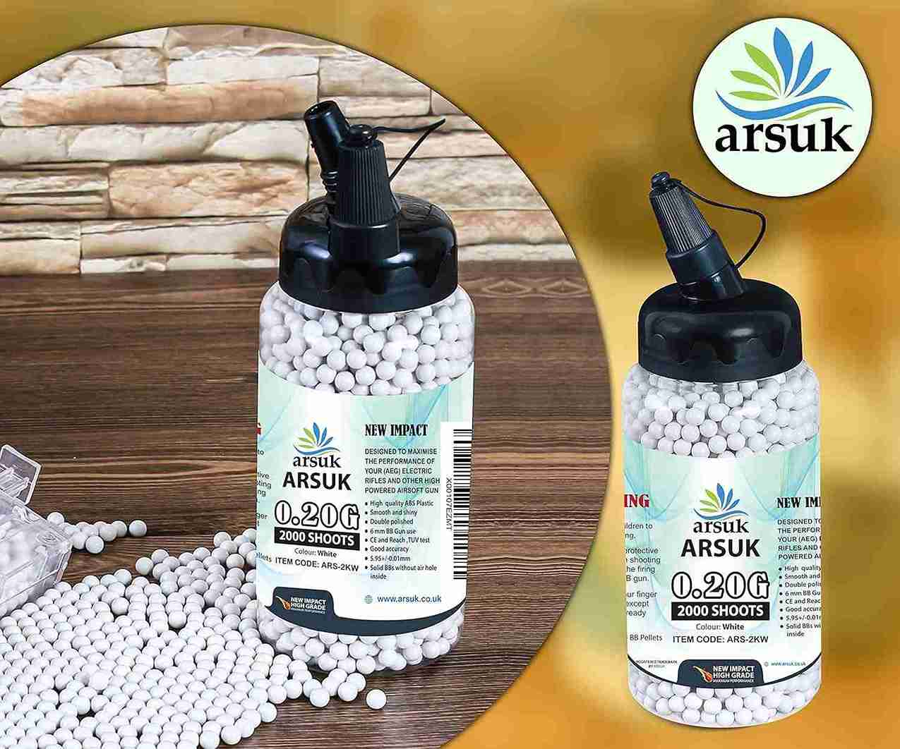 ARSUK Airsoft BB Pellets High Grade and Smooth Polished Plastic Paintballs Content (0.20g 2000 Pellets White)