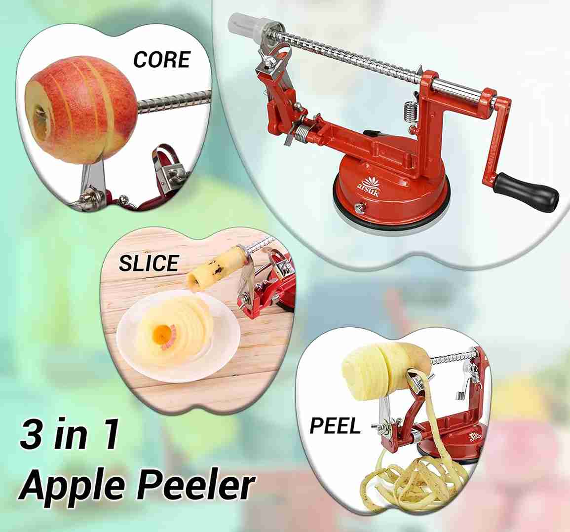 ARSUK 3-in-1 Apple Peeler, Corer, and Slicer - Stainless Steel, Easy to Use