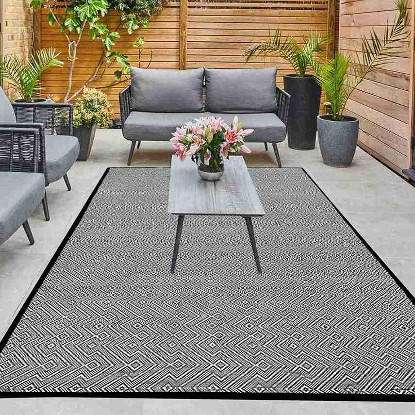 ARSUK Outdoor Rug Waterproof, Picnic Blanket Lightweight Foldable Plastic Reversible Mat (Black & White 210x150cm)