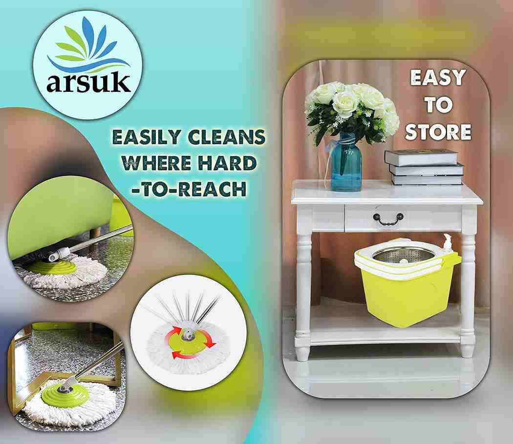 ARSUK Spinning Mop & Bucket Set with 360° Spin, 2 Microfiber Heads, Adjustable Handle (Lemon)