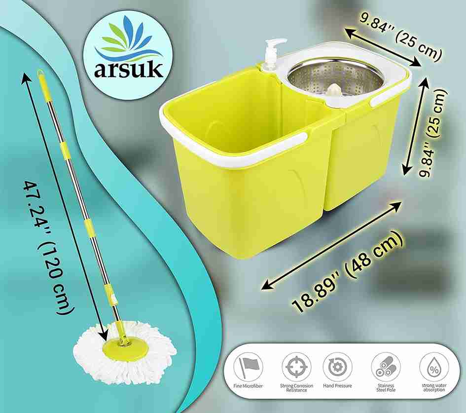 ARSUK Spinning Mop & Bucket Set - 360° Spin, Microfiber Heads, Adjustable Handle