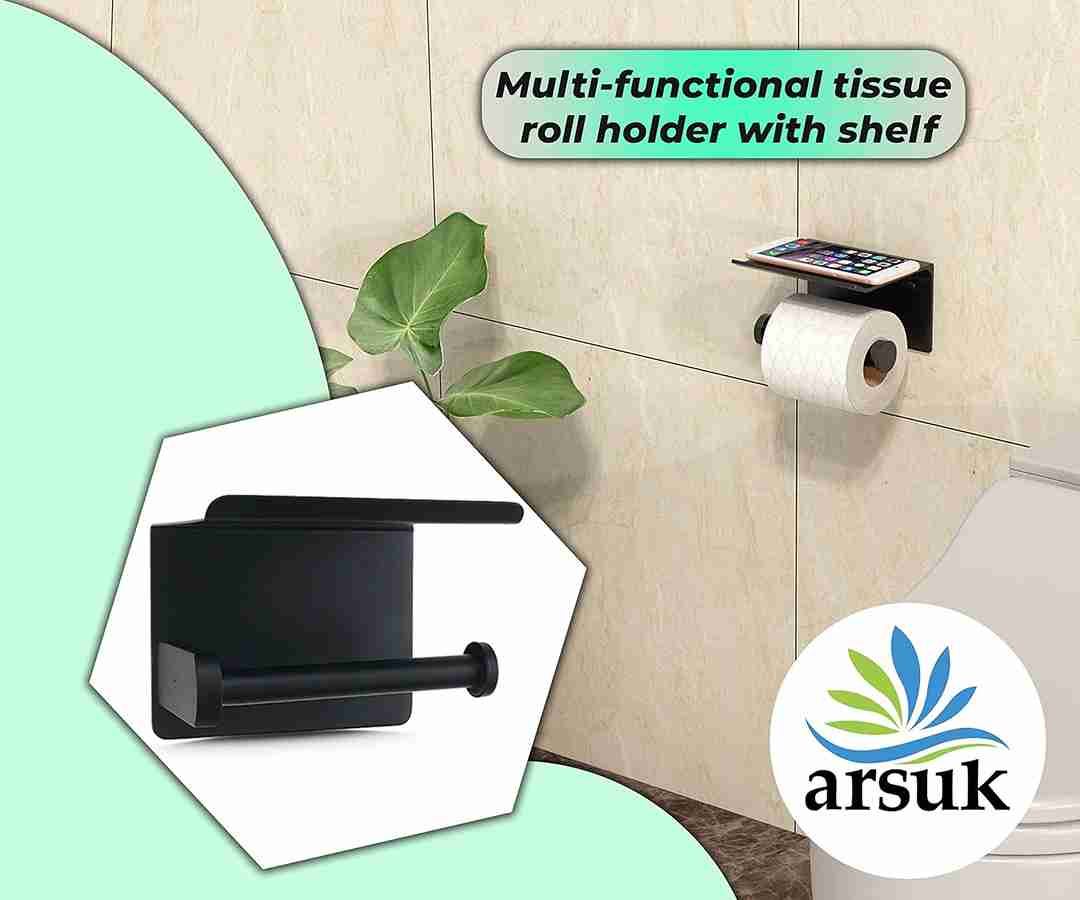 ARSUK Toilet Roll Holder Wall Mounted -Toilet Tissue Holder Self Adhesive with Shelf (Black Coated)