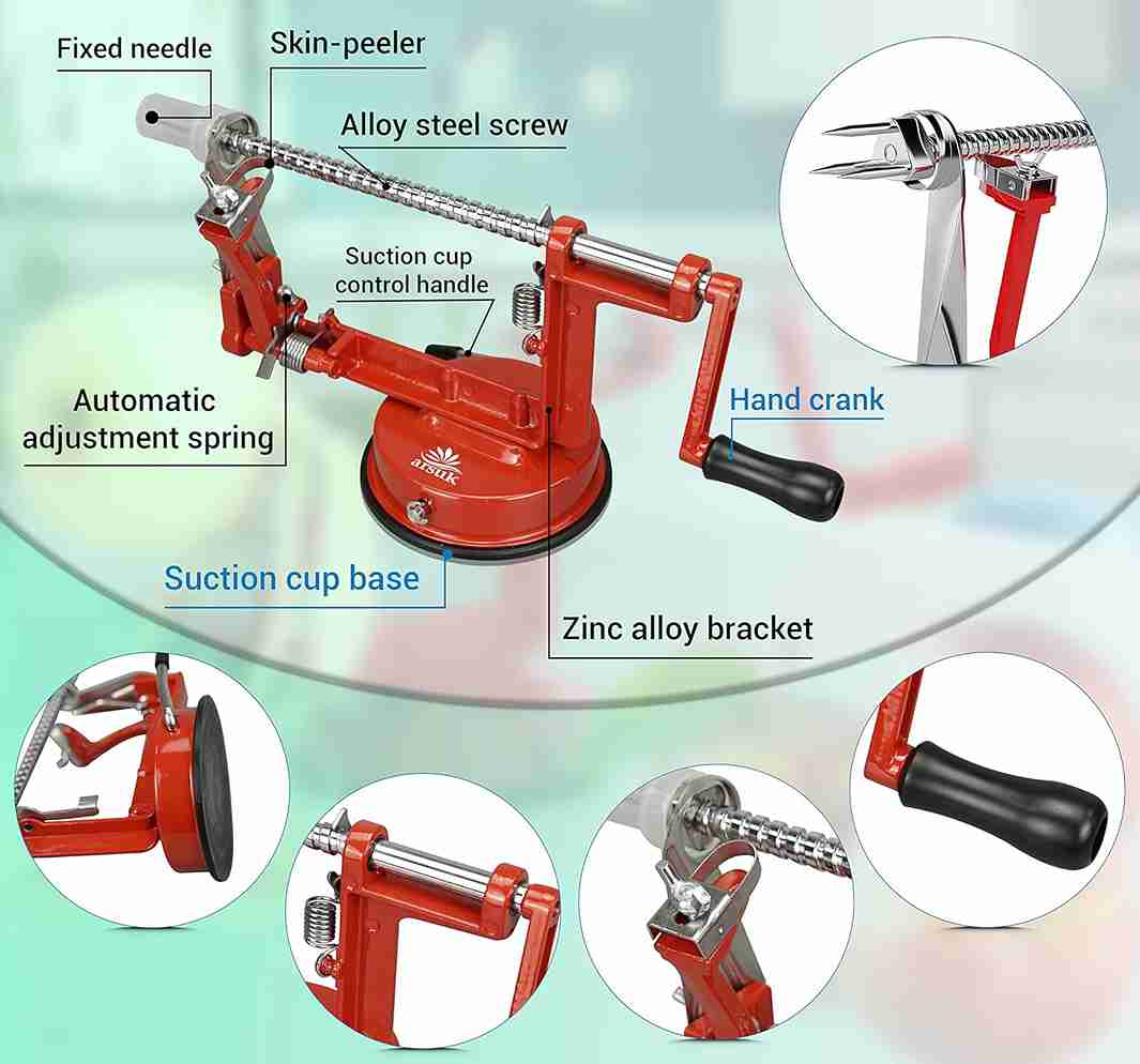 ARSUK Apple Peeler - Stainless Steel Fruit and Vegetable Peeler, Corer, and Slicer (Red)