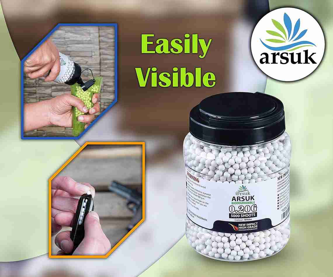 ARSUK Airsoft BB Pellets High Grade and Smooth Polished Plastic Paintballs Content (0.20g 5K Bio Tub White)