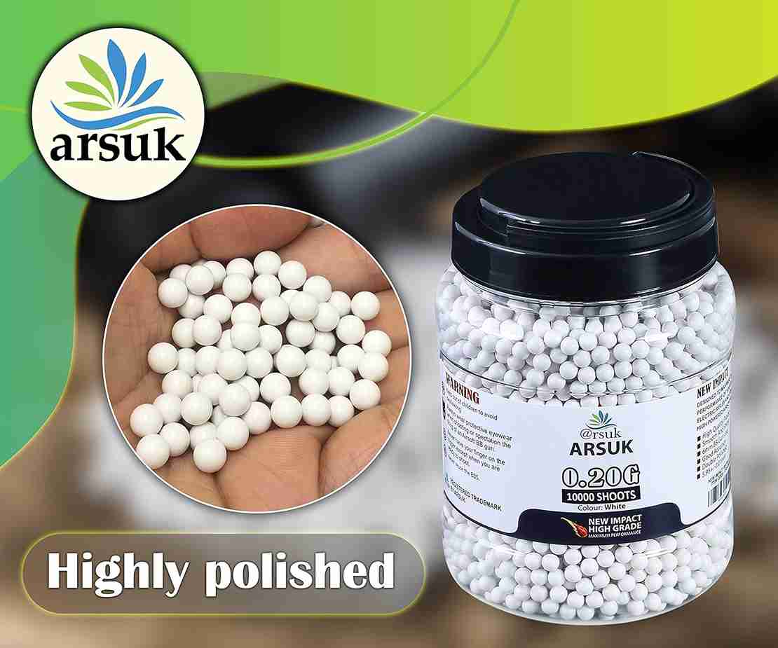 ARSUK Airsoft BB Pellets High Grade and Smooth Polished Plastic Paintballs Content (0.20g 10K Tub White)