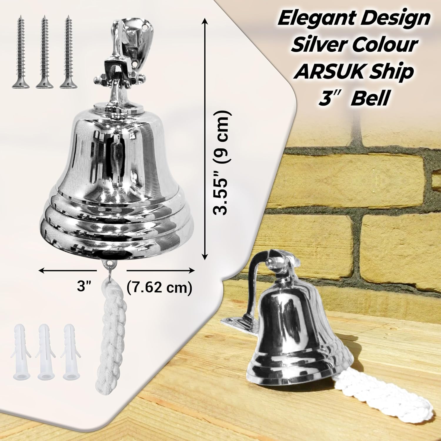 ARSUK 3” Silver Aluminium Ship Bell - Wall Mounted, Loud Sounds for Home & Bar