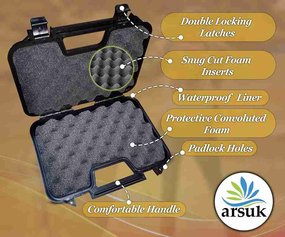 ARSUK 12" Waterproof Gun Case - Foam Inserted, Ideal for Guns, Pistols, Air Rifles, and Airsoft Accessories (Black)