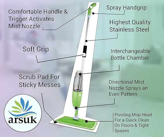 ARSUK Spray Mop with Washable Pads - Green, Includes 2 Mop Pads & Scraper, for Tiles, Hardwood, and Laminate Floors (Green)