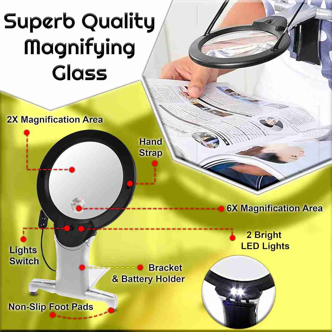 Arsuk Magnifying Glass with Light 2 in 1 Hands Free Reading Magnifier Neck Hanging Cord & Desk Stand