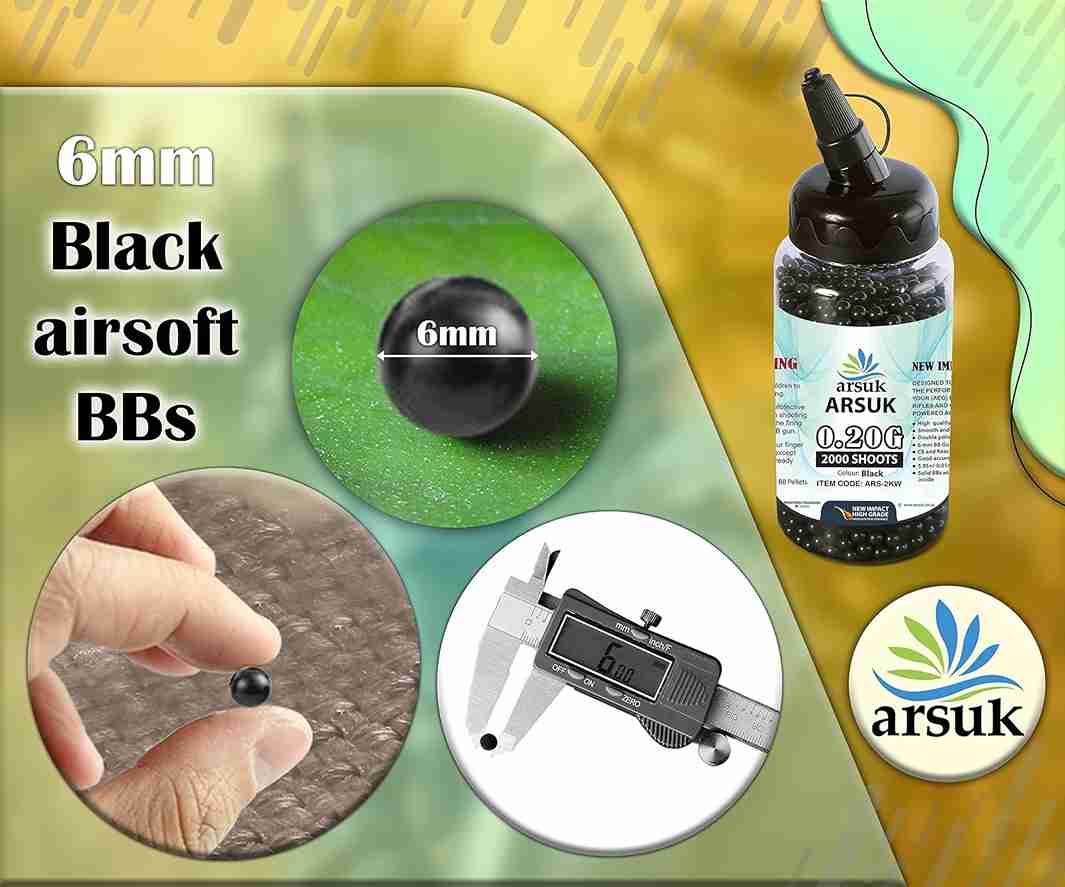 ARSUK Airsoft BB Pellets High Grade and Smooth Polished Plastic Paintballs Content (0.20g 2000 Pellets Black)