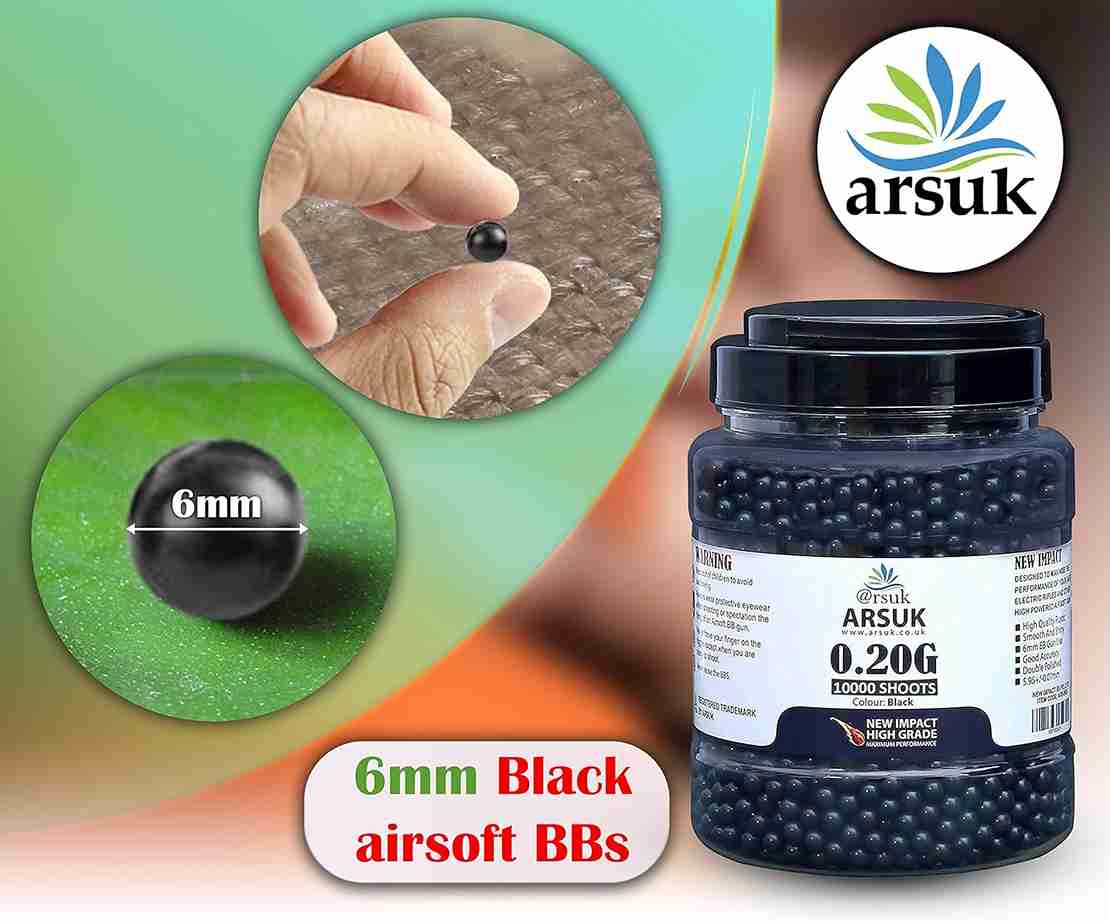 ARSUK Airsoft BB Pellets High Grade and Smooth Polished Plastic Paintballs Content (0.20g 10K Tub Black)