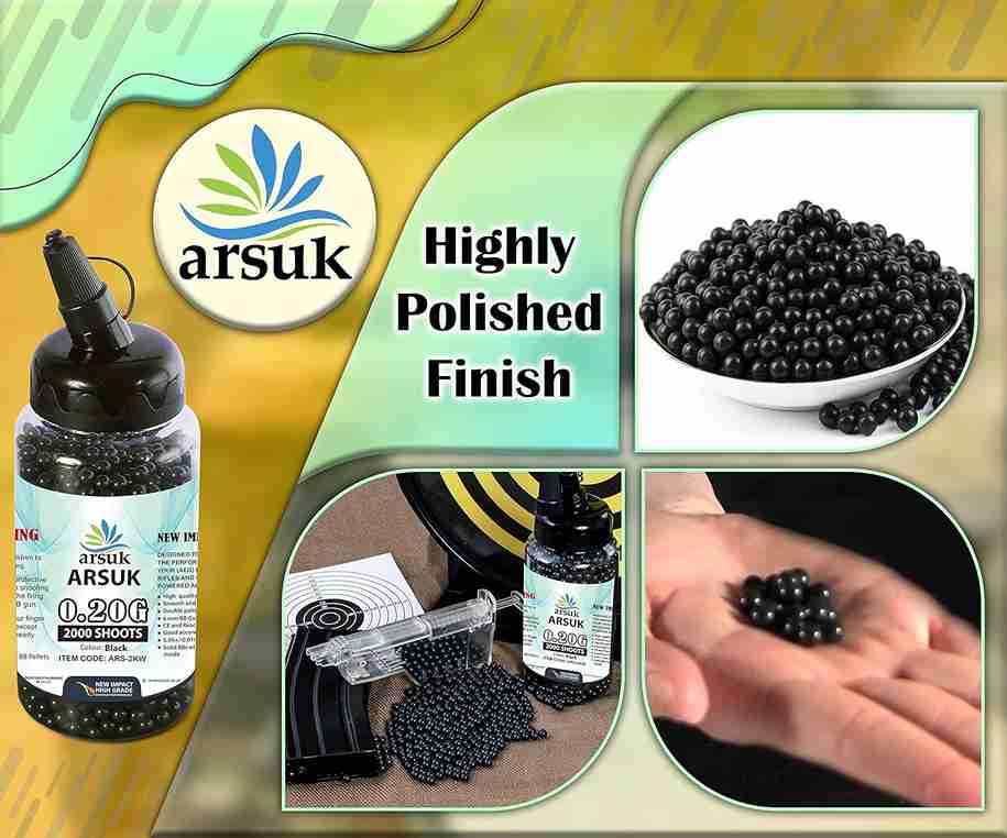 ARSUK Airsoft BB Pellets High Grade and Smooth Polished Plastic Paintballs Content (0.20g 2000 Pellets Black)