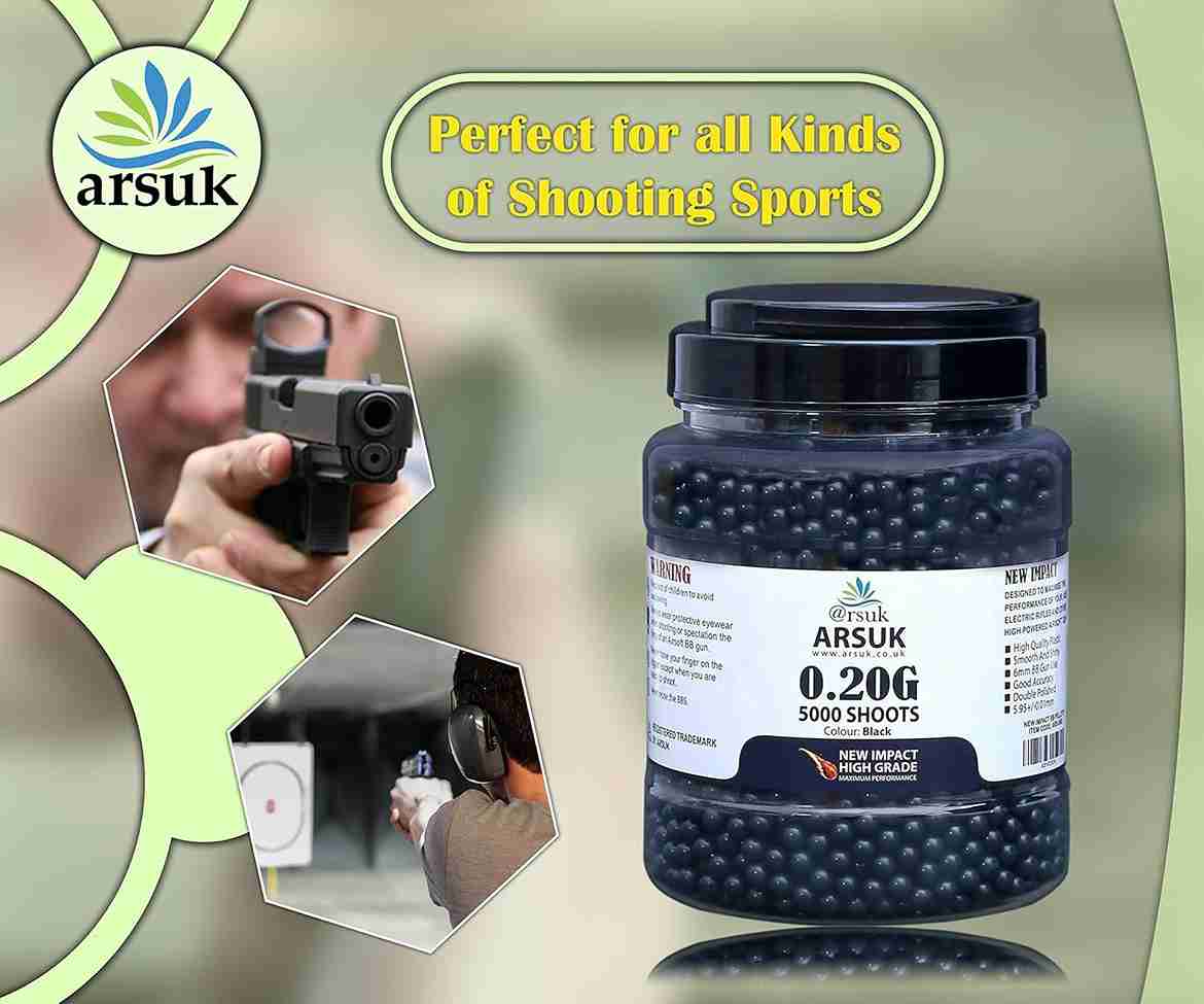 ARSUK Airsoft BB Pellets High Grade and Smooth Polished Plastic Paintballs Content (0.20g 5K Tub Black)