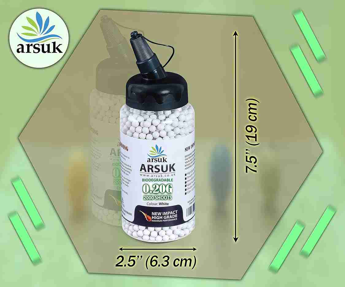 ARSUK Airsoft BB Pellets High Grade and Smooth Polished Plastic Paintballs Content (0.20g 2000 Bio-Bottle-White)