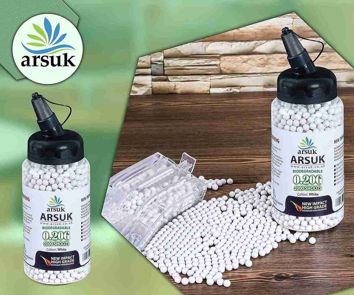 ARSUK Airsoft BB Pellets High Grade and Smooth Polished Plastic Paintballs Content (0.20g 2000 Bio-Bottle-White)