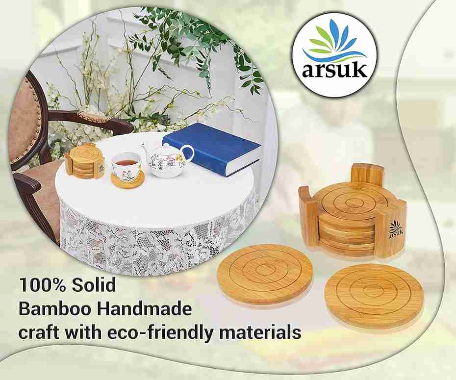 ARSUK Coasters Set of 6 Bamboo Drink Coaster Set with Holder Heat Resistant (Round)