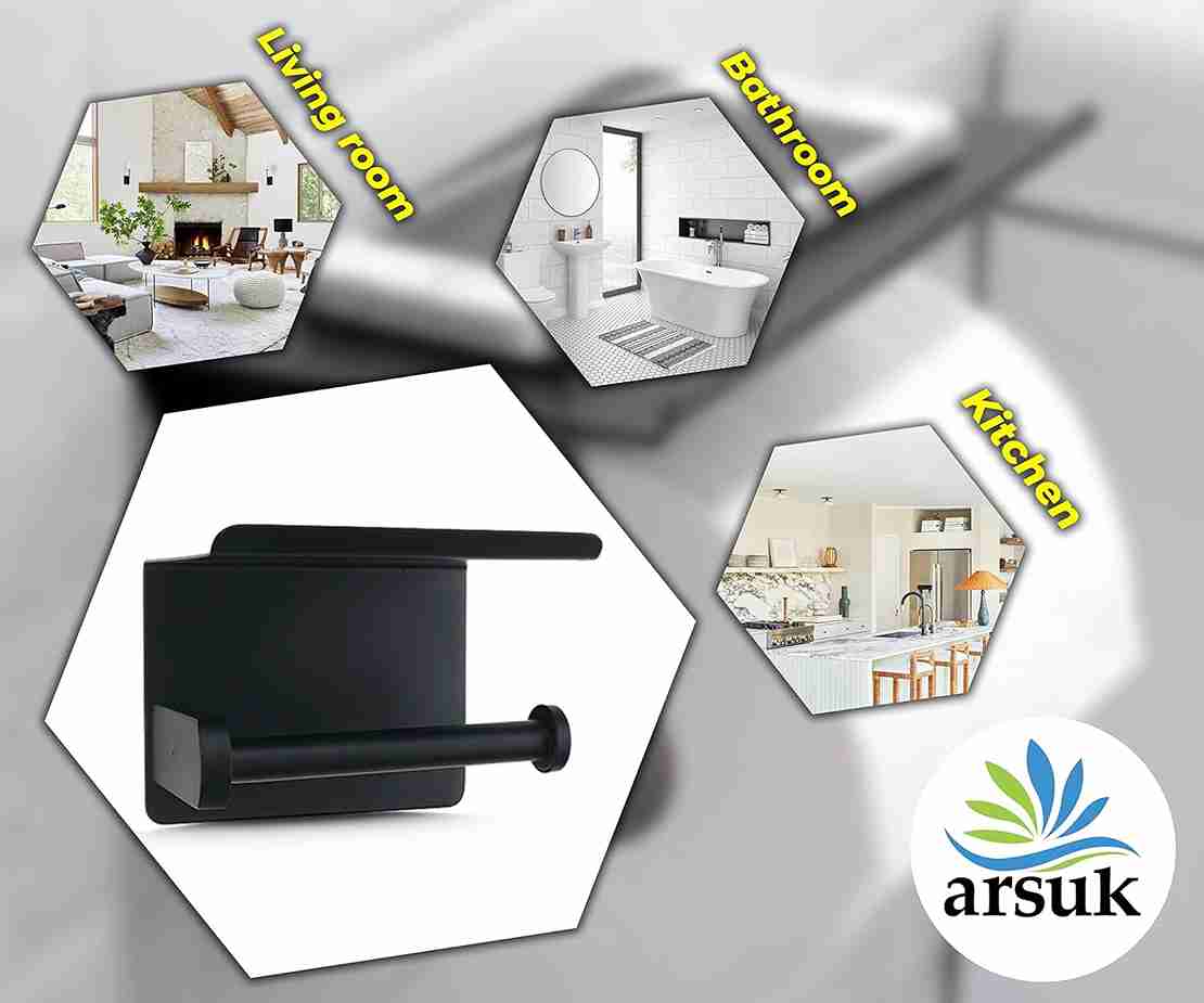 ARSUK Toilet Roll Holder Wall Mounted -Toilet Tissue Holder Self Adhesive with Shelf (Black Coated)