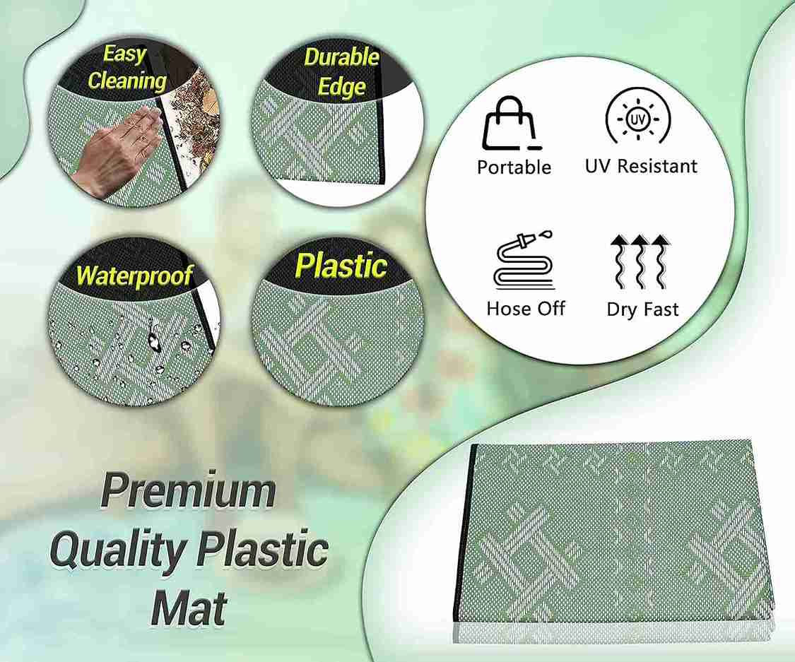 ARSUK Outdoor Rug Waterproof, Picnic Blanket Lightweight Foldable Plastic Reversible Mat (White & Green 150x100cm)