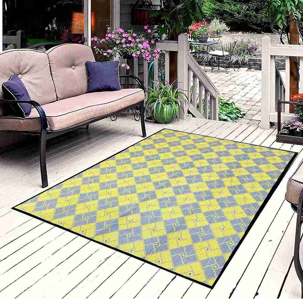 ARSUK Outdoor Rug Waterproof, Picnic Blanket Lightweight Foldable Plastic Reversible Mat (Blue & Yellow 210x150cm)