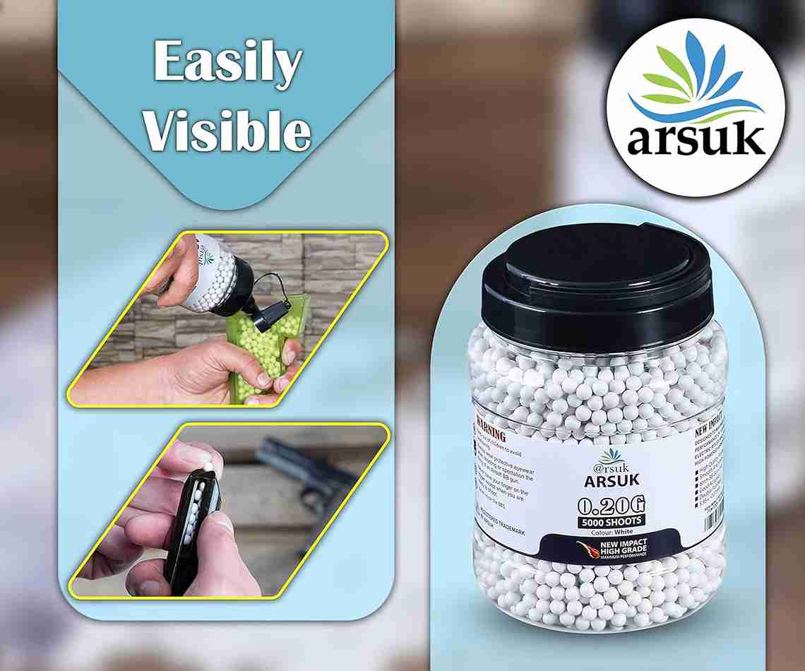 ARSUK Airsoft BB Pellets High Grade and Smooth Polished Plastic Paintballs Content (0.20g 5000-Pellets-White)