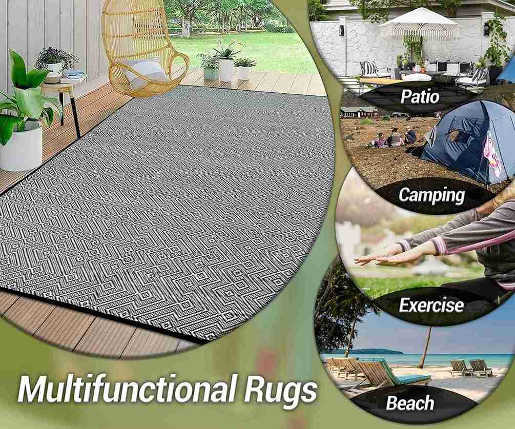 ARSUK Outdoor Rug Waterproof, Picnic Blanket Lightweight Foldable Plastic Reversible Mat (Black & White 210x150cm)