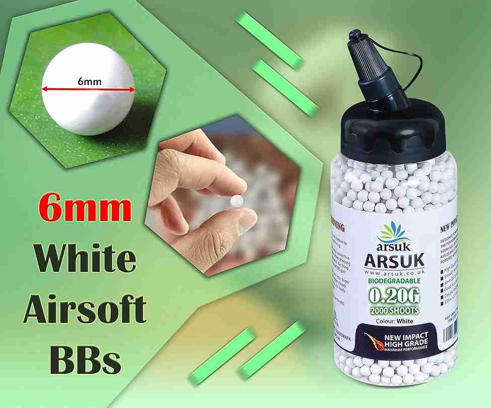 ARSUK Airsoft BB Pellets High Grade and Smooth Polished Plastic Paintballs Content (0.20g 2000 Bio-Bottle-White)