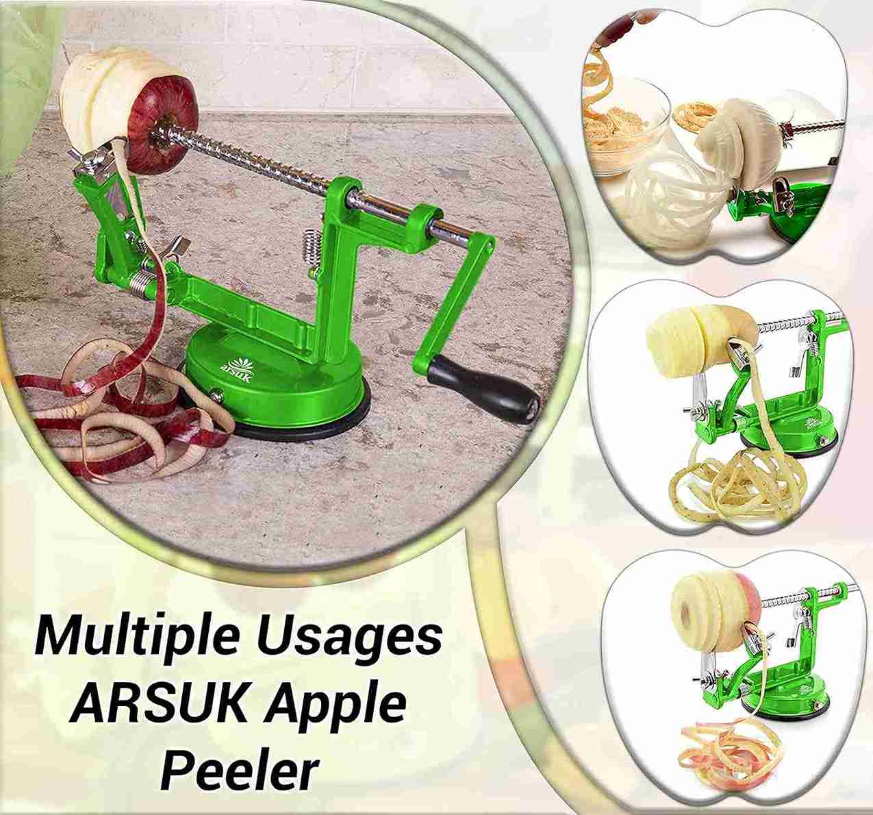 ARSUK Apple Peeler - Stainless Steel Fruit and Vegetable Peeler, Corer, and Slicer (Green)