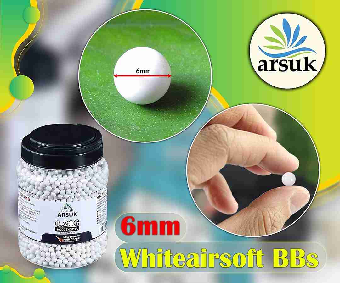 ARSUK Airsoft BB Pellets High Grade and Smooth Polished Plastic Paintballs Content (0.20g 10K Tub White)