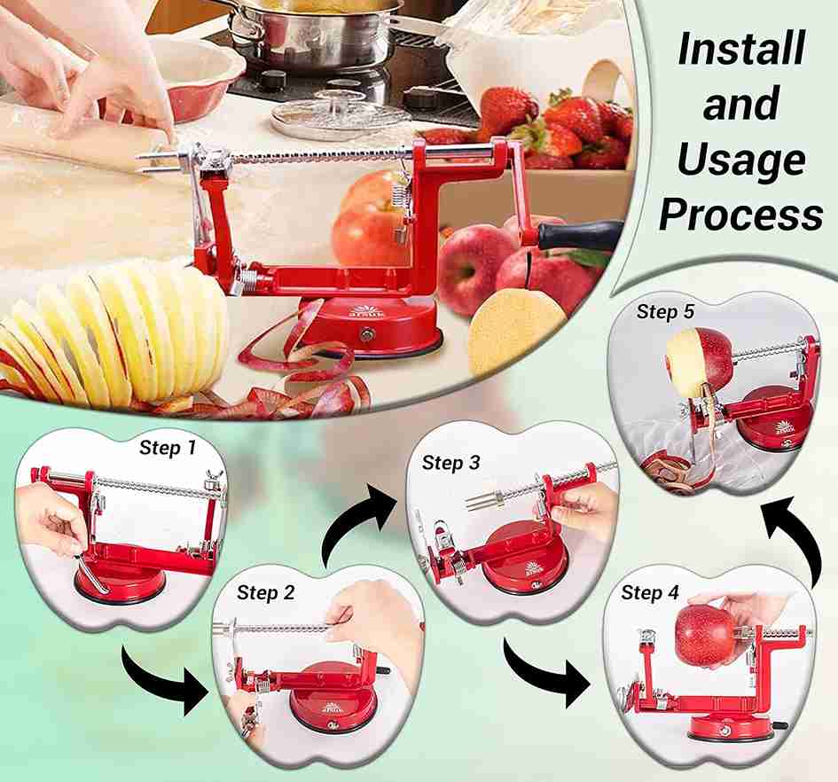 ARSUK Apple Peeler - Stainless Steel Fruit and Vegetable Peeler, Corer, and Slicer (Red)