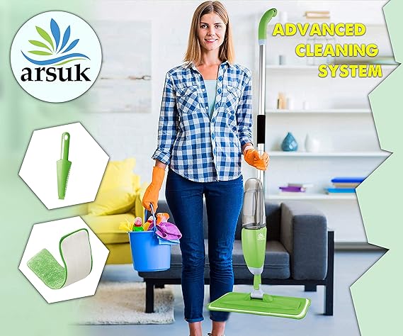 ARSUK Spray Mop with Washable Pads - Green, Includes 2 Mop Pads & Scraper, for Tiles, Hardwood, and Laminate Floors (Green)