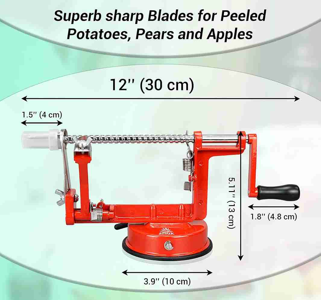 ARSUK Apple Peeler - Stainless Steel Fruit and Vegetable Peeler, Corer, and Slicer (Red)