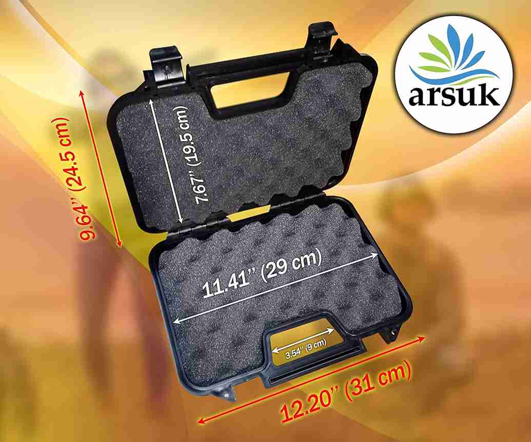 ARSUK 12" Waterproof Gun Case - Foam Inserted, Ideal for Guns, Pistols, Air Rifles, and Airsoft Accessories (Black)