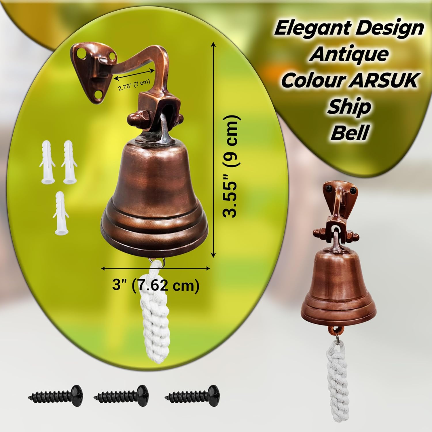 ARSUK 3” Antique Brass Door Bell - Wall Mounted, Loud Sounds for Bars & Pubs