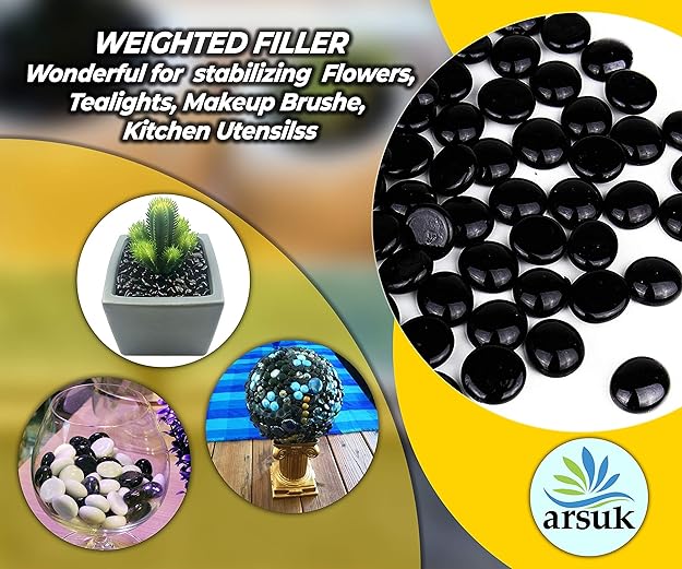 ARSUK Decorative Glass Pebbles - Vase Filler, Aquarium, Craft, Garden (170-180pcs Black Pebbles)