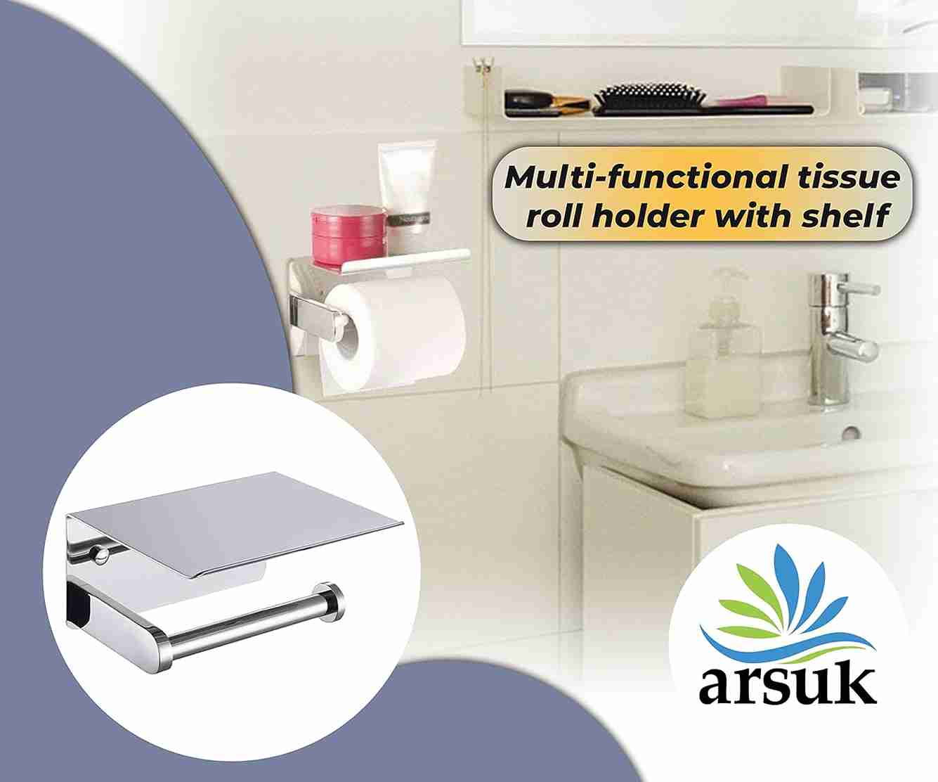 ARSUK Toilet Roll Holder Wall Mounted -Toilet Tissue Holder Self Adhesive with Shelf (Chrome)