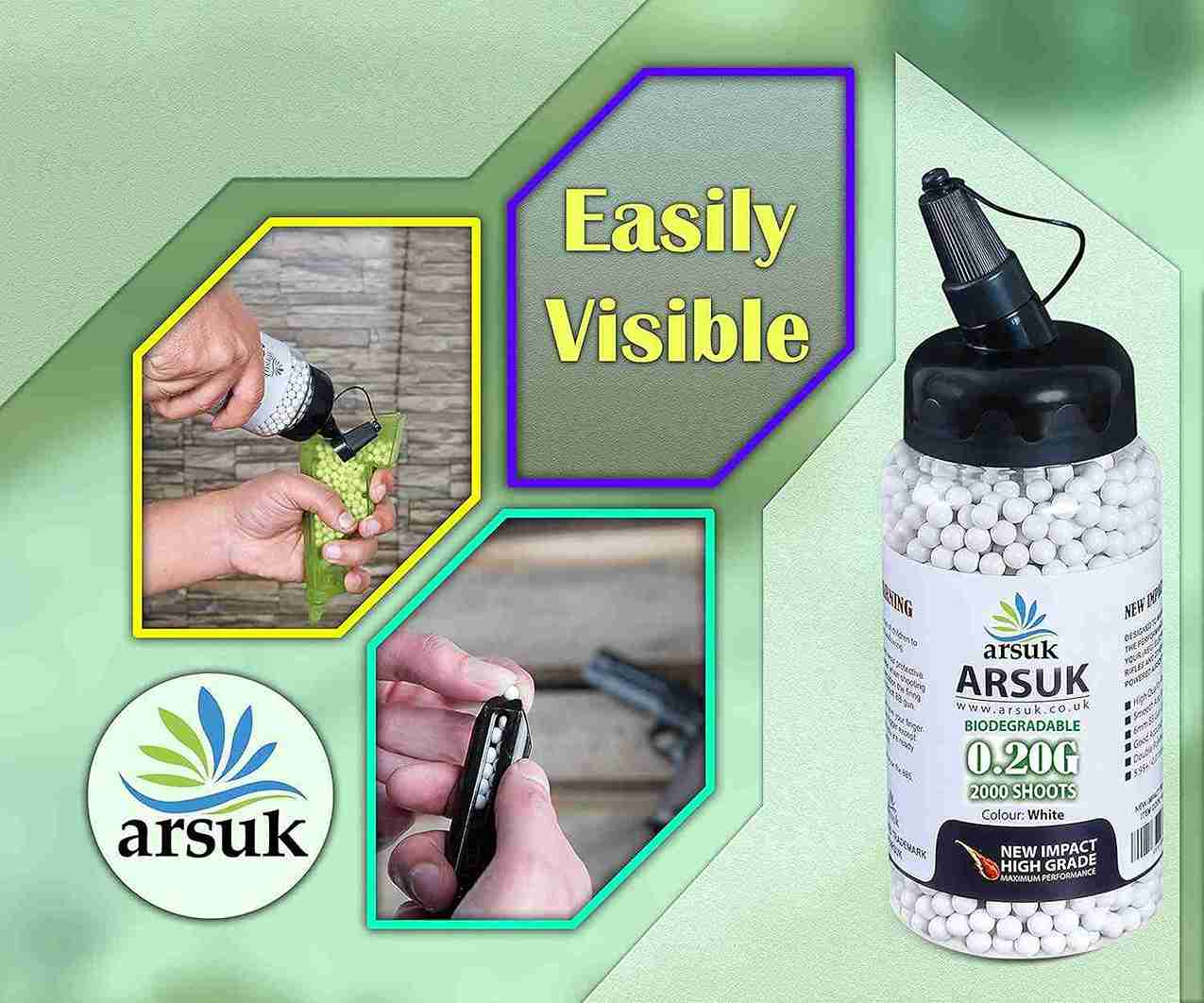 ARSUK Airsoft BB Pellets High Grade and Smooth Polished Plastic Paintballs Content (0.20g 2000 Bio-Bottle-White)