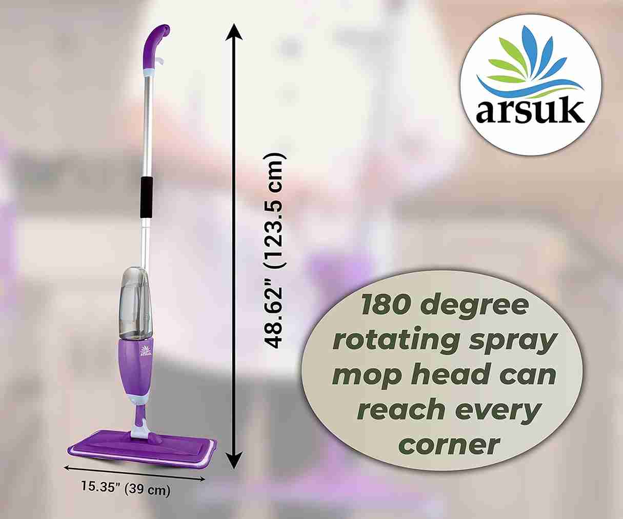 ARSUK Spray Mop with Washable Pads - Green, Includes 2 Mop Pads & Scraper, for Tiles, Hardwood, and Laminate Floors (Purple)