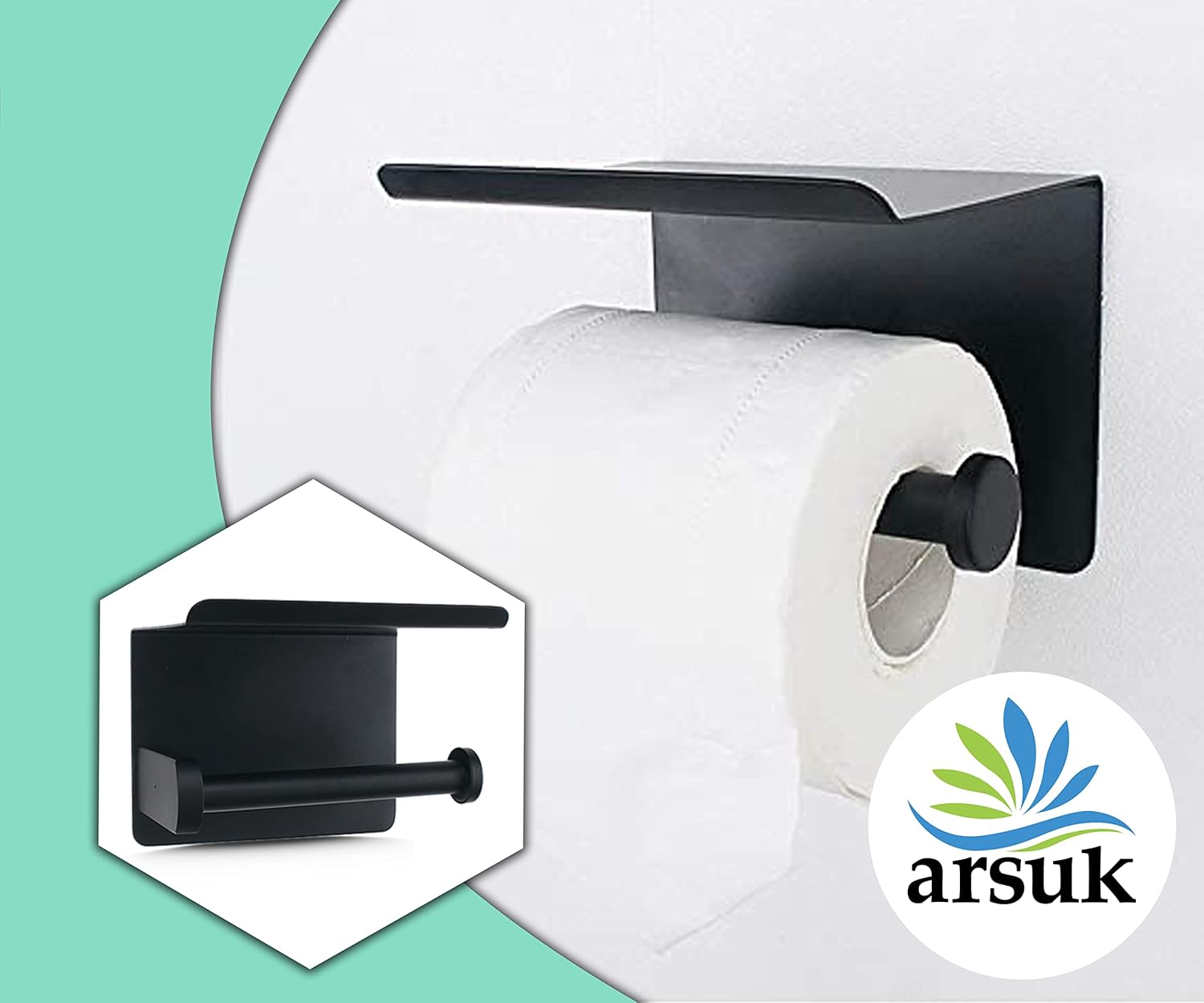 ARSUK Toilet Roll Holder Wall Mounted -Toilet Tissue Holder Self Adhesive with Shelf (Black Coated)