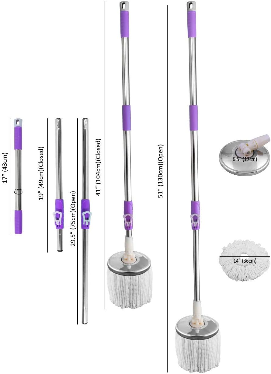 Floor Mop – 360° Rotating, Extendable, Washable Microfiber Heads, Stainless Steel Handle (Purple)