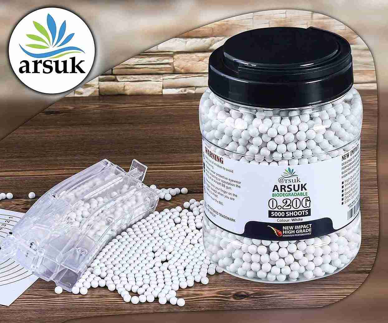 ARSUK Airsoft BB Pellets High Grade and Smooth Polished Plastic Paintballs Content (0.20g 5K Bio Tub White)