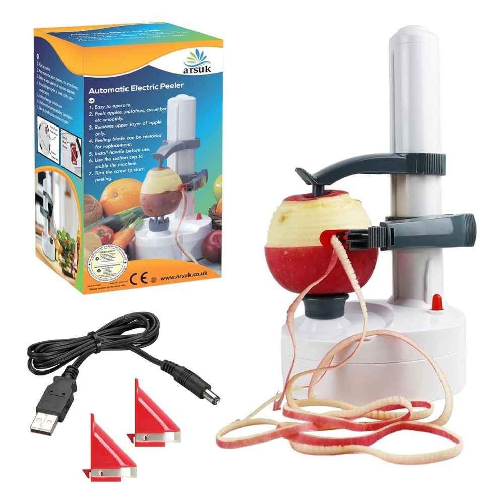 ARSUK Electric Potato and Apple Peeler - Automatic Corer & Cutter with 3 Blades (White)