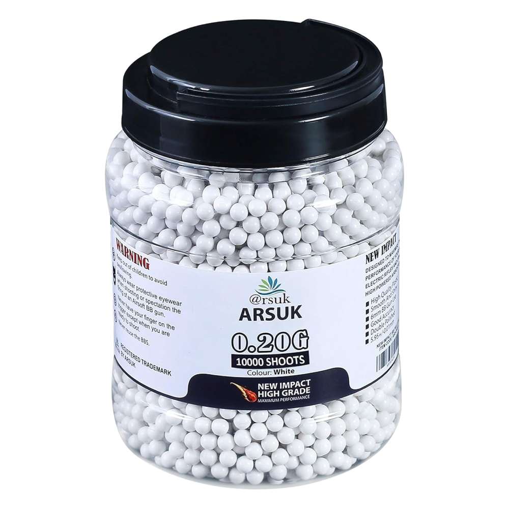 ARSUK Airsoft BB Pellets High Grade and Smooth Polished Plastic Paintballs Content (0.20g 10K Tub White)