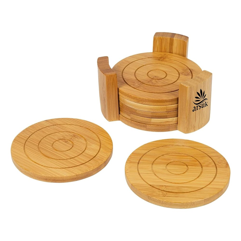 ARSUK Coasters Set of 6 Bamboo Drink Coaster Set with Holder Heat Resistant (Round)