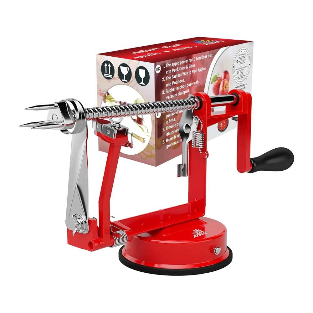 ARSUK Apple Peeler - Stainless Steel Fruit and Vegetable Peeler, Corer, and Slicer (Red)