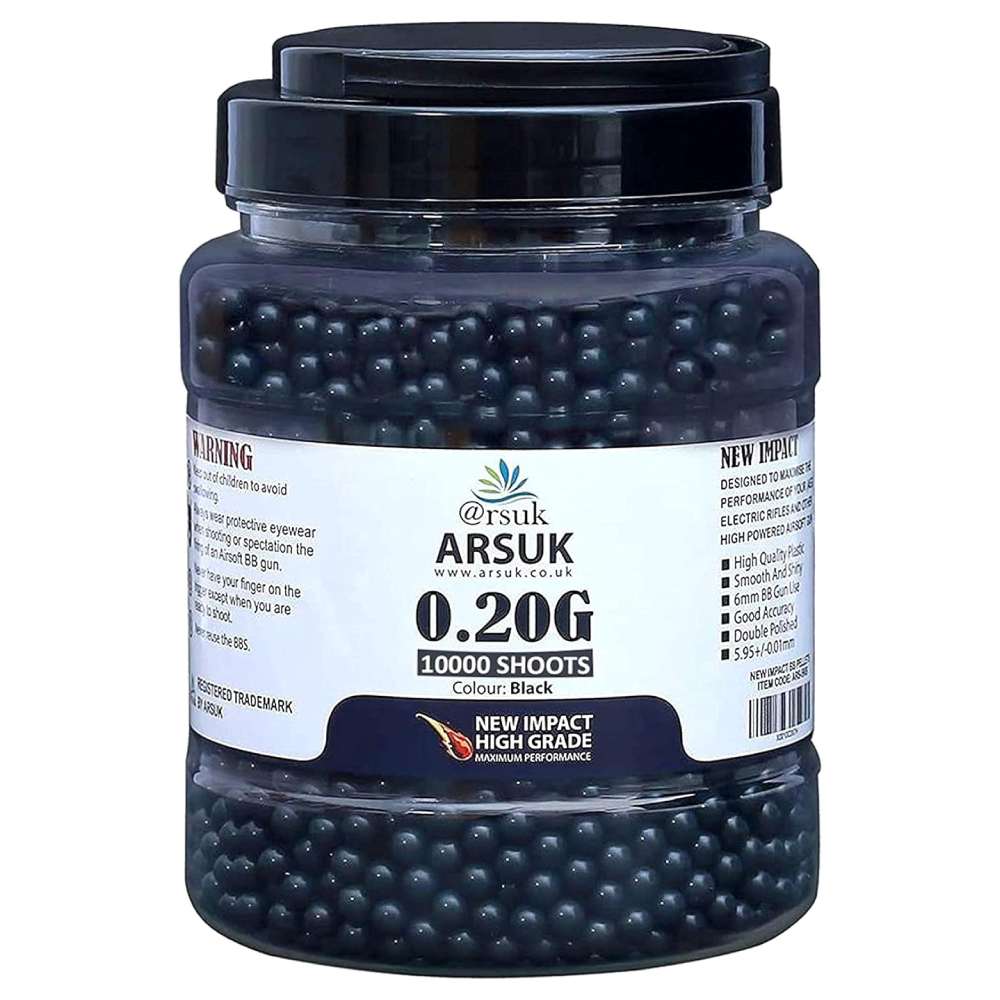 ARSUK Airsoft BB Pellets High Grade and Smooth Polished Plastic Paintballs Content (0.20g 10K Tub Black)