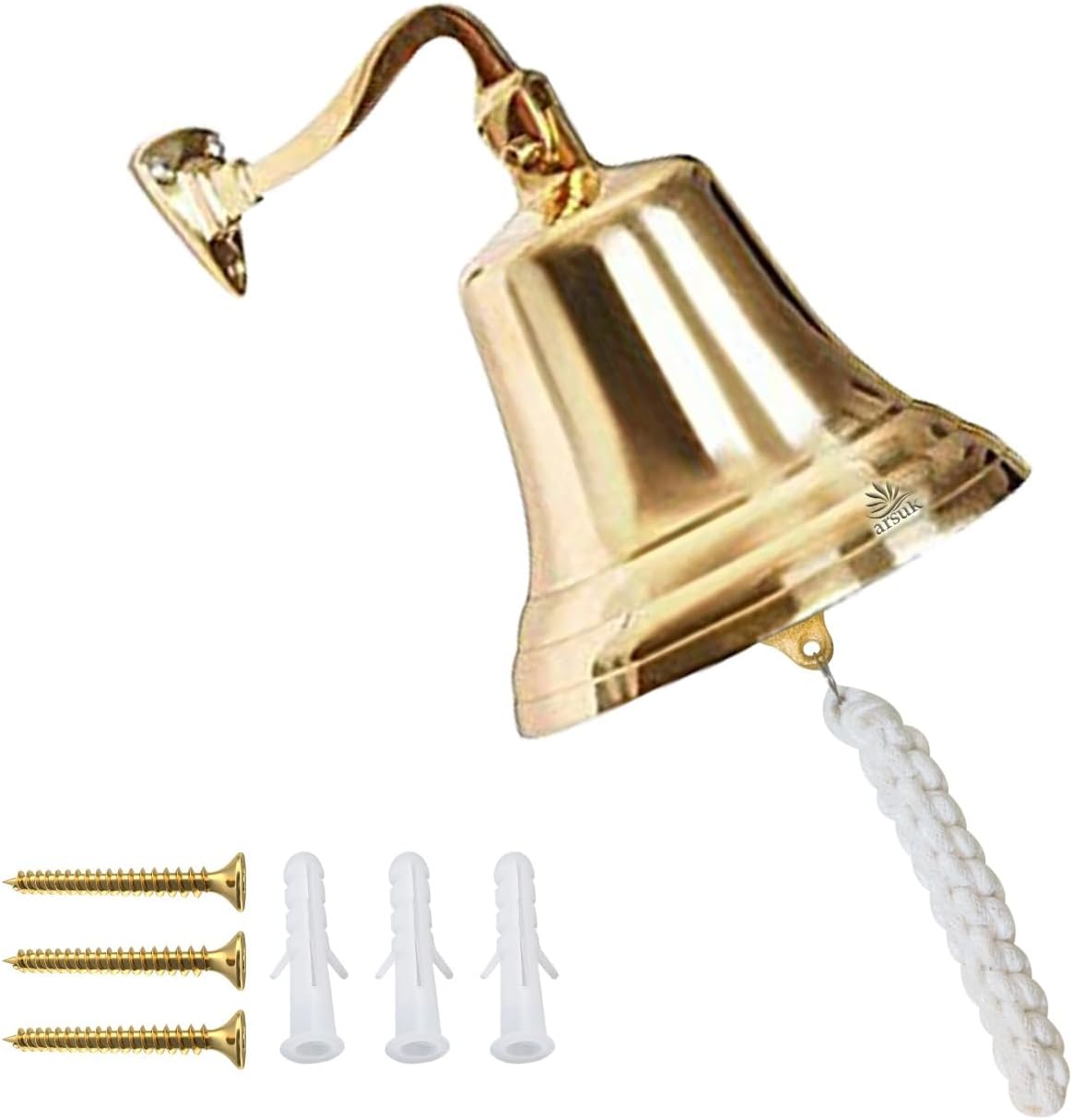 ARSUK 5” Brass Hanging Ship Bell - Wall Mounted, Durable Rope, Home & Boat Use