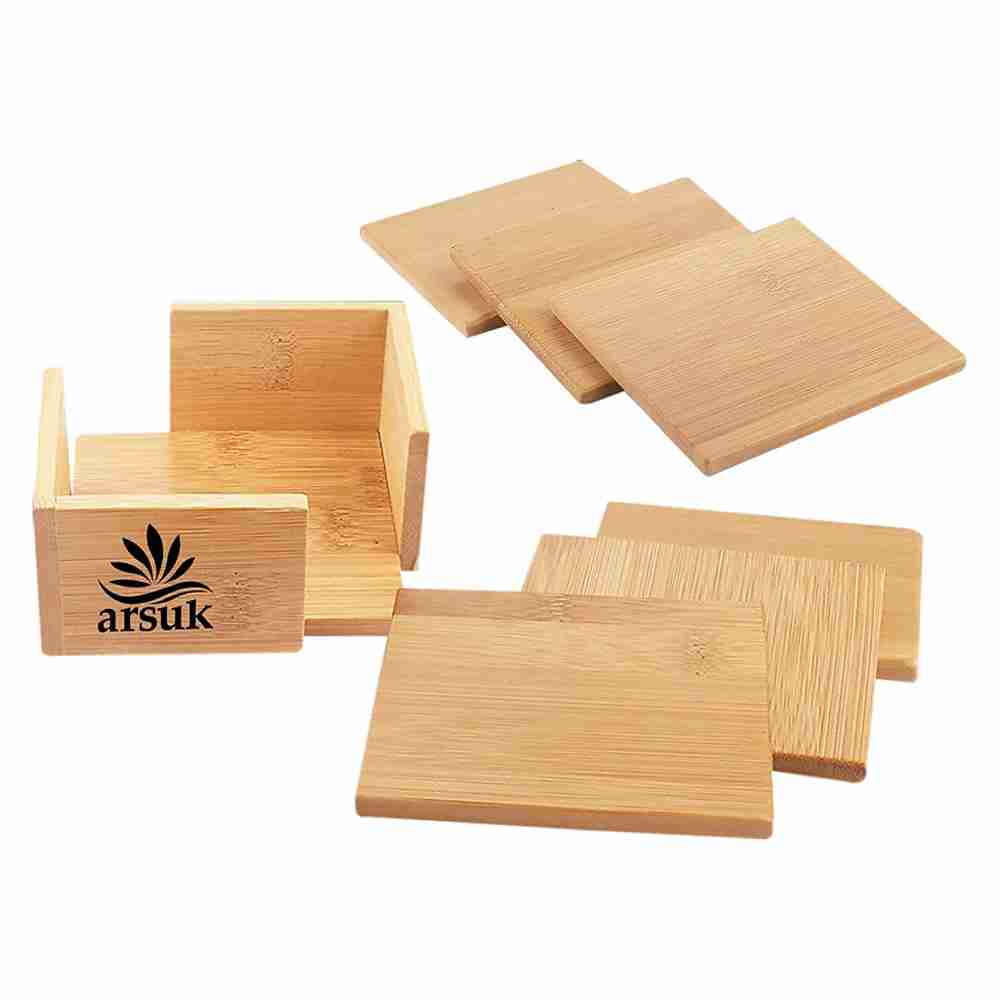 ARSUK Coasters Set of 6 Bamboo Drink Coaster Set with Holder Heat Resistant (Square)